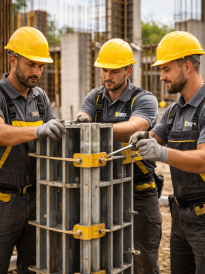 Trabajadores ensamblando en obra en construcción